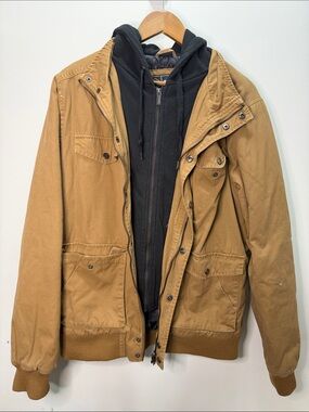 West 49 Layered Tan Field Jacket with Black Zip Hoodie Size L 29x24